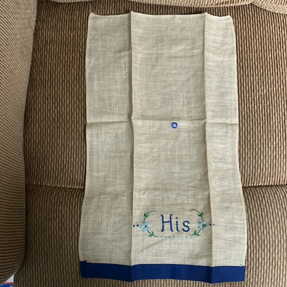 NEW OLD STOCK Vintage Embroidered His & Hers Hand Towels Pure Linen Blue Floral